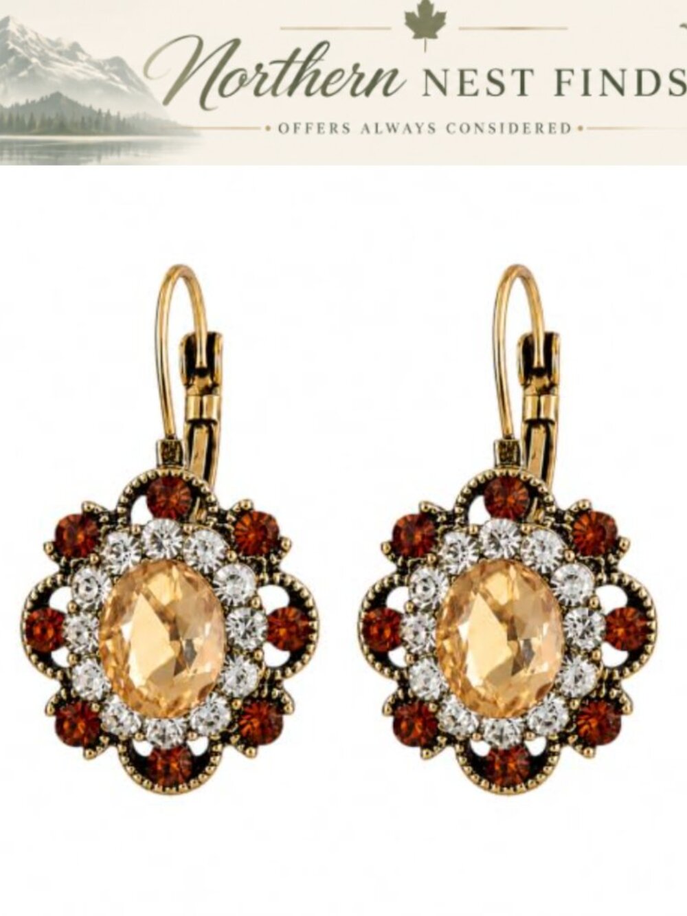 Vintage Antique Bronze Floral Leverback Dangle Earrings Crystal Rhinestone
